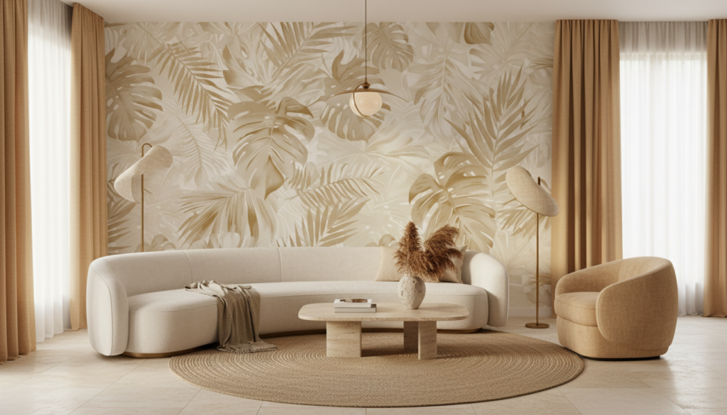 Papier Peint Tropical Doré Feuilles Exotiques Ambiance Luxueuse - Salon / Séjour