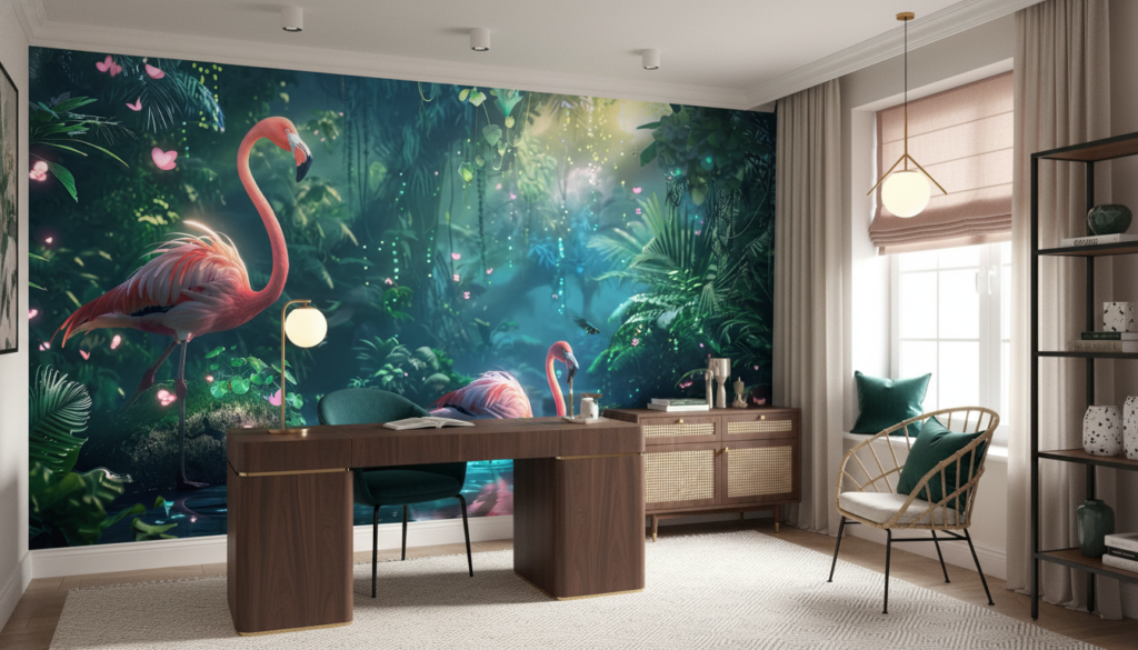 Papier peint tropical enchanteur avec flamants roses dans jungle luxuriante - Bureau