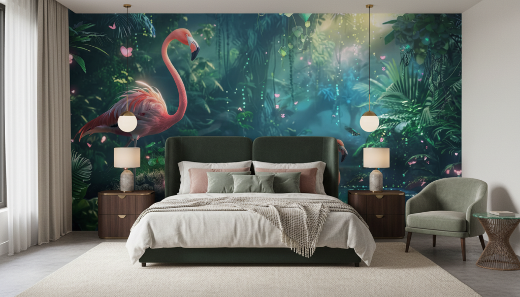 Papier peint tropical enchanteur avec flamants roses dans jungle luxuriante - Chambre adulte