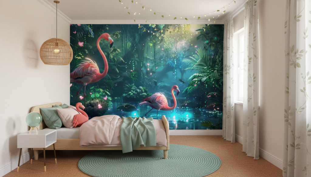 Papier peint tropical enchanteur avec flamants roses dans jungle luxuriante - Chambre enfant