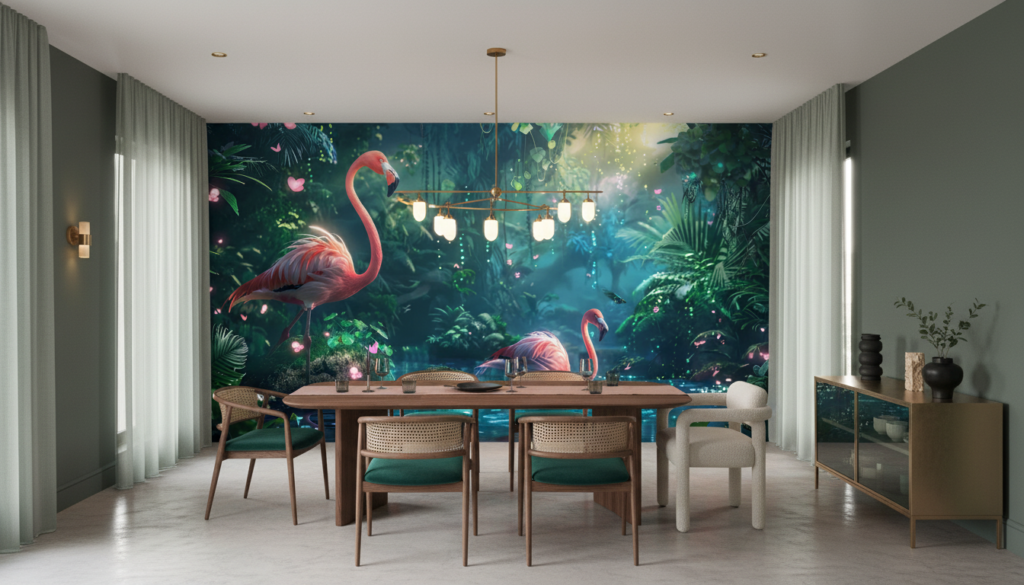 Papier peint tropical enchanteur avec flamants roses dans jungle luxuriante - Salle à manger