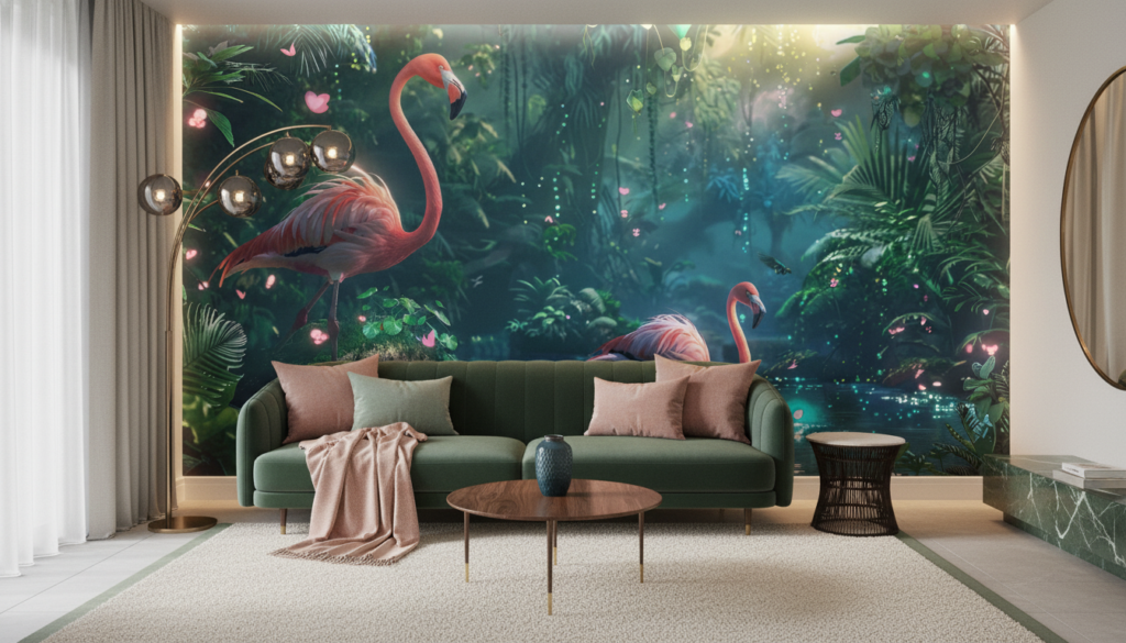 Papier peint tropical enchanteur avec flamants roses dans jungle luxuriante - Salon / Séjour