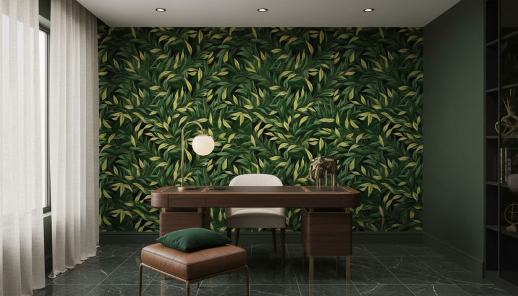 Papier peint tropical feuillage luxuriant vert et jaune doré - Bureau