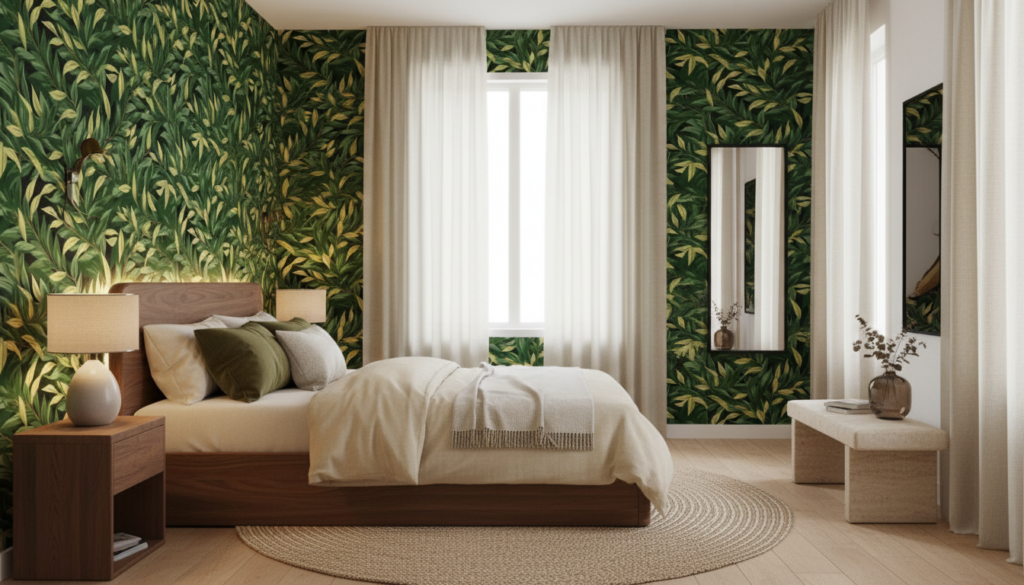 Papier peint tropical feuillage luxuriant vert et jaune doré - Chambre adulte