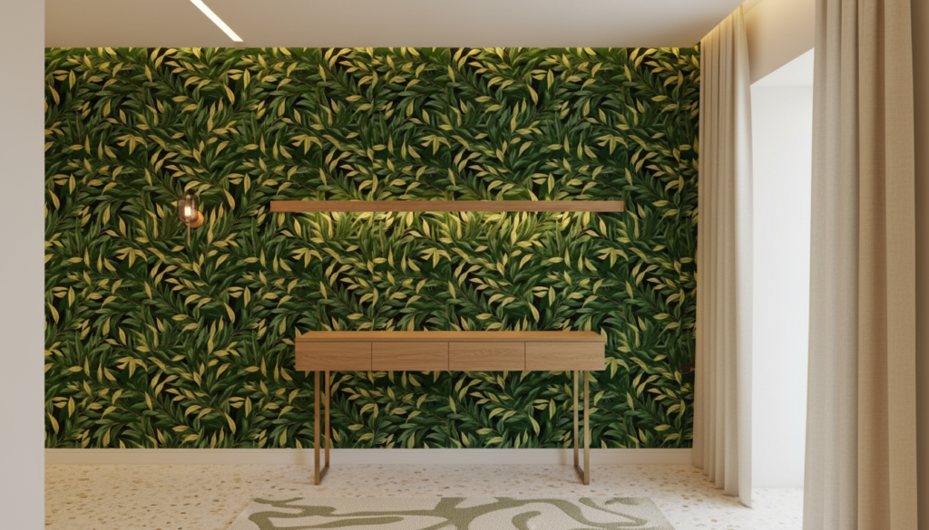 Papier peint tropical feuillage luxuriant vert et jaune doré - Couloir