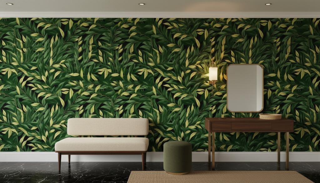 Papier peint tropical feuillage luxuriant vert et jaune doré - Entrée