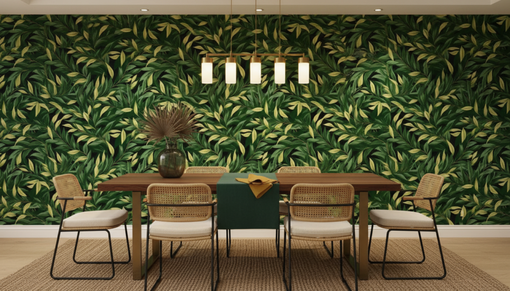 Papier peint tropical feuillage luxuriant vert et jaune doré - Salle à manger