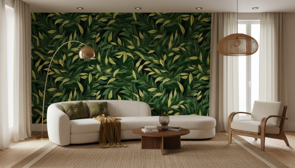 Papier peint tropical feuillage luxuriant vert et jaune doré - Salon / Séjour