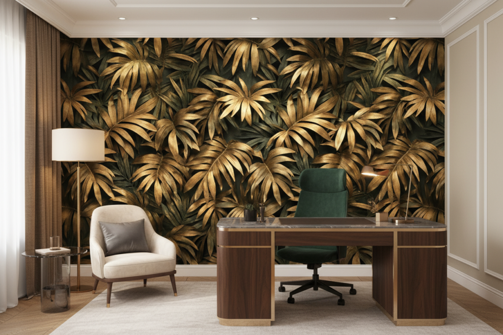 Papier peint tropical feuilles dorées luxe jungle moderne - Bureau