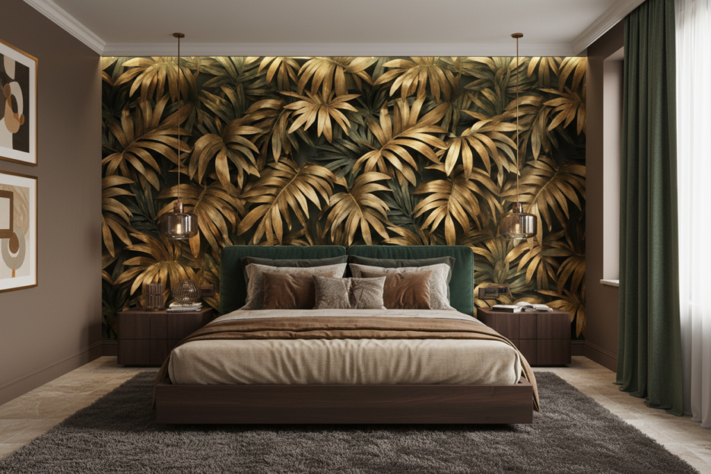 Papier peint tropical feuilles dorées luxe jungle moderne - Chambre adulte