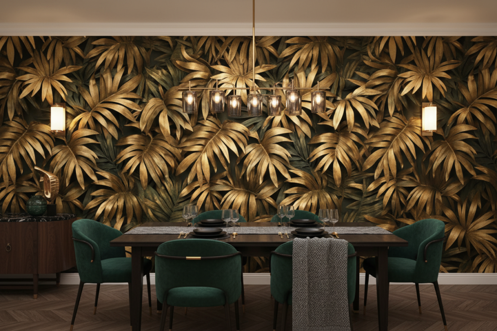 Papier peint tropical feuilles dorées luxe jungle moderne - Salle à manger