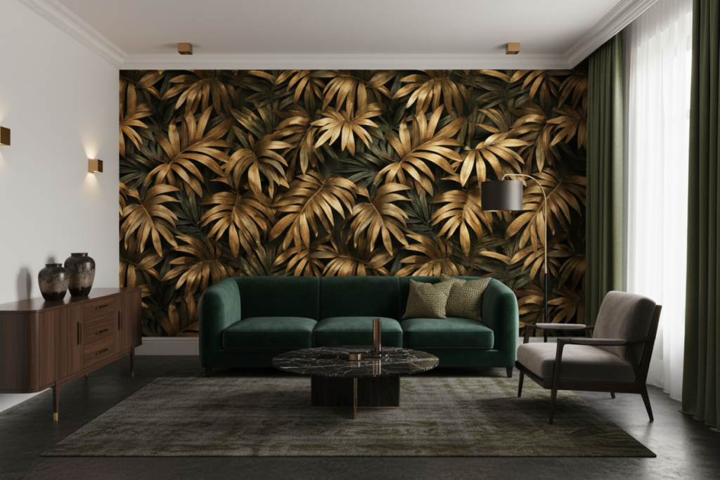 Papier peint tropical feuilles dorées luxe jungle moderne - Salon / Séjour
