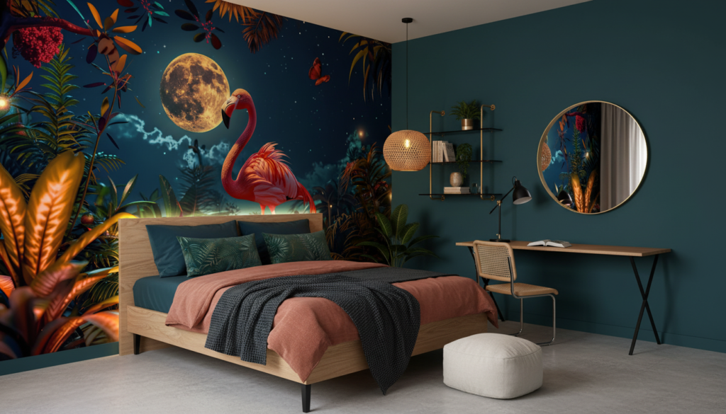 Papier peint tropical flamant rose sous la pleine lune étoilée - Chambre ado