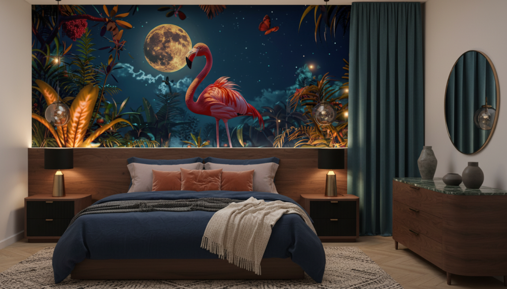 Papier peint tropical flamant rose sous la pleine lune étoilée - Chambre adulte