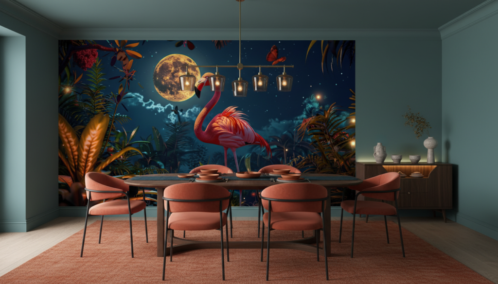 Papier peint tropical flamant rose sous la pleine lune étoilée - Salle à manger