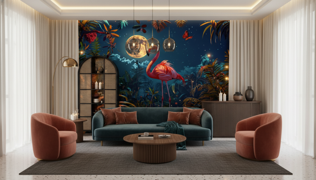Papier peint tropical flamant rose sous la pleine lune étoilée - Salon / Séjour