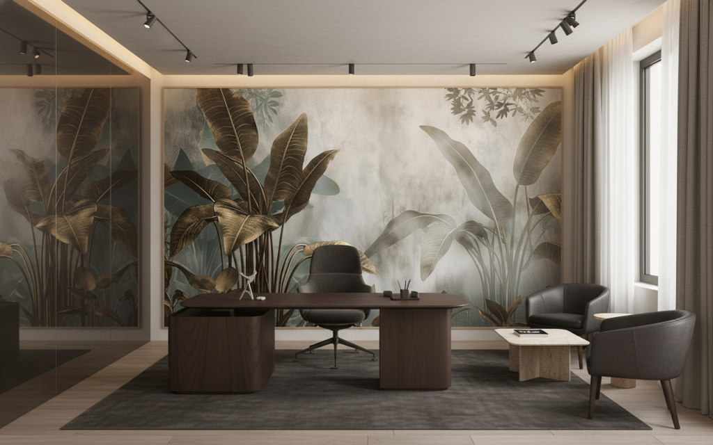 Papier Peint Tropical Jungle Dorée Feuilles Luxueuses Ambiance Naturelle - Bureau