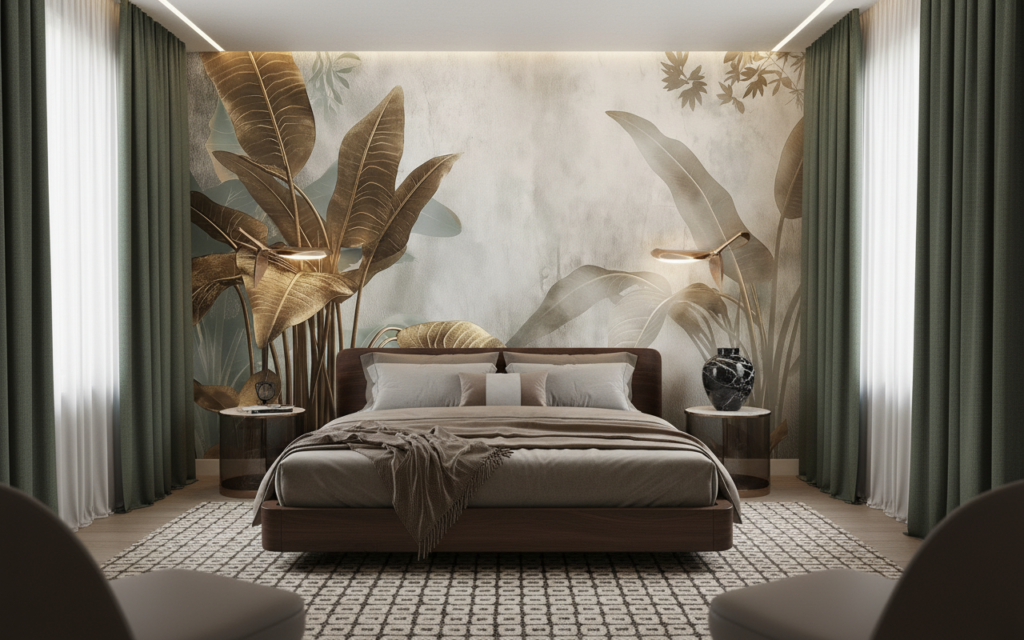 Papier Peint Tropical Jungle Dorée Feuilles Luxueuses Ambiance Naturelle - Chambre adulte