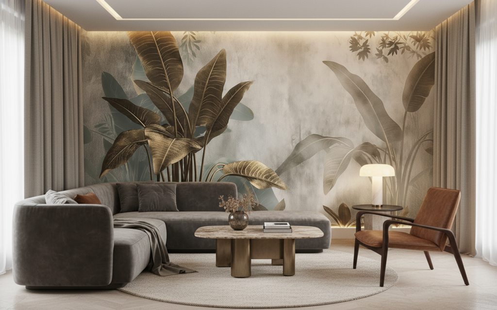 Papier Peint Tropical Jungle Dorée Feuilles Luxueuses Ambiance Naturelle - Hôtel