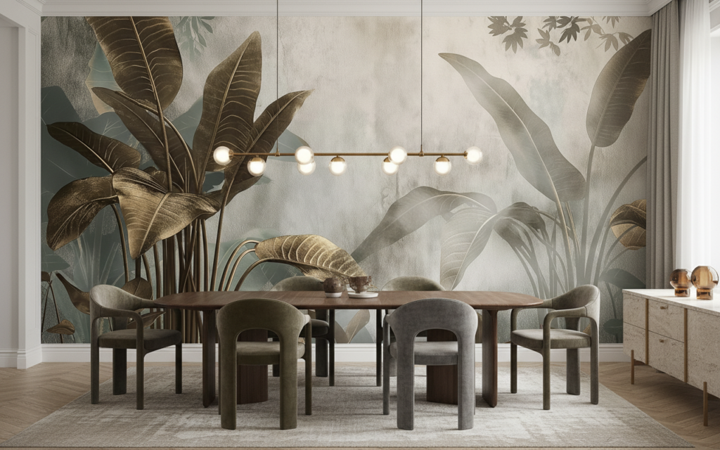 Papier Peint Tropical Jungle Dorée Feuilles Luxueuses Ambiance Naturelle - Salle à manger