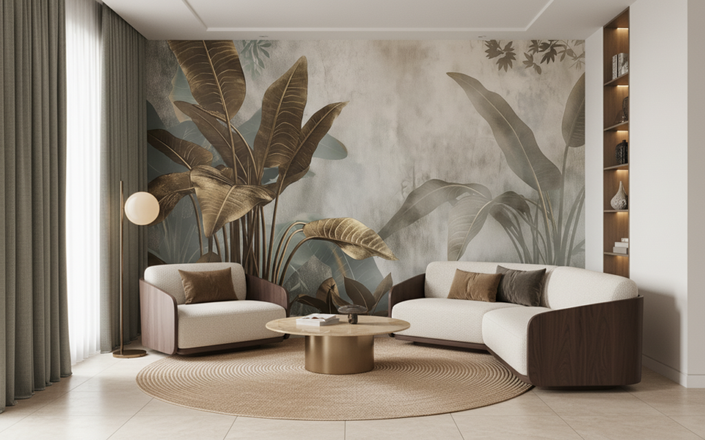 Papier Peint Tropical Jungle Dorée Feuilles Luxueuses Ambiance Naturelle - Salon / Séjour