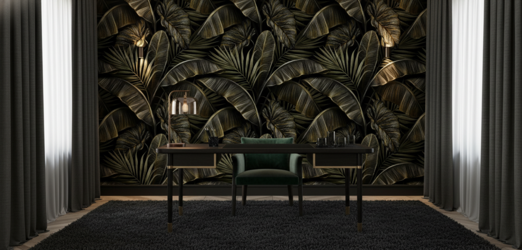 Papier Peint Tropical Luxe Feuillages Dorés Sur Fond Noir - Bureau