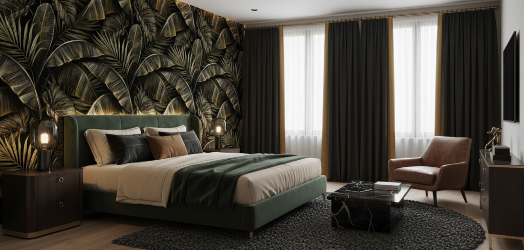 Papier Peint Tropical Luxe Feuillages Dorés Sur Fond Noir - Chambre adulte