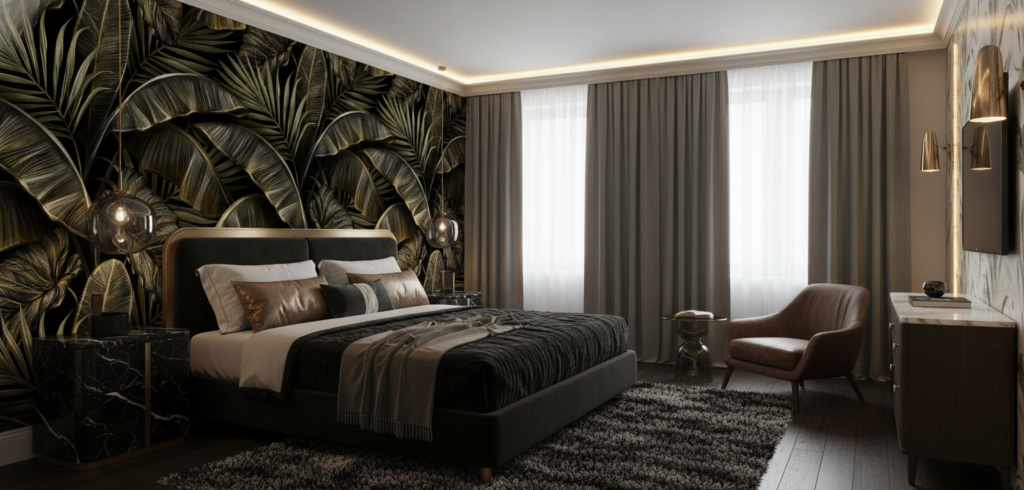 Papier Peint Tropical Luxe Feuillages Dorés Sur Fond Noir - Hôtel