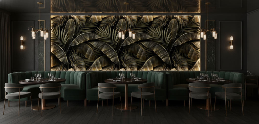 Papier Peint Tropical Luxe Feuillages Dorés Sur Fond Noir - Restaurant