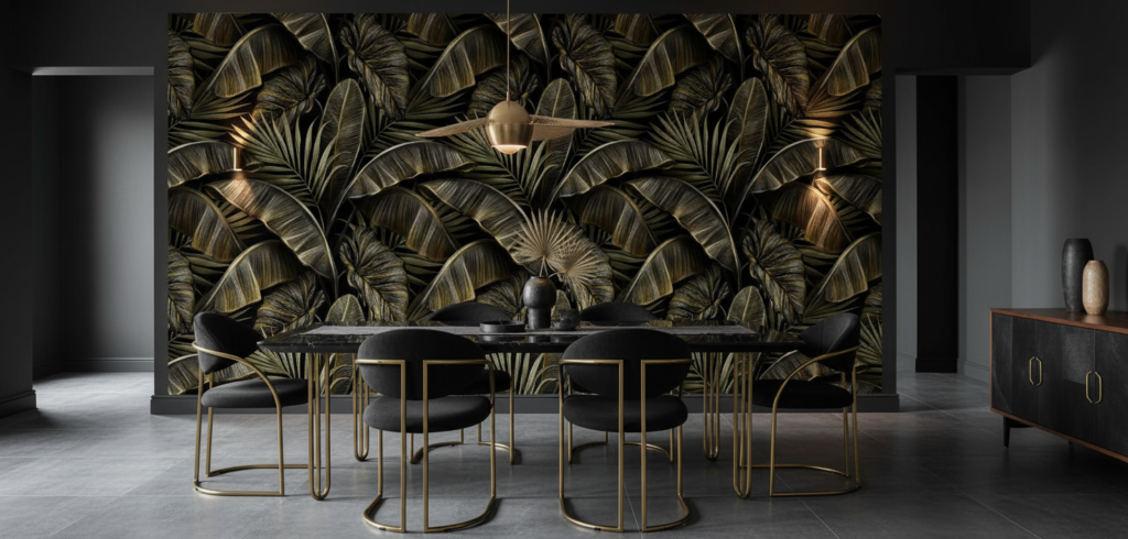 Papier Peint Tropical Luxe Feuillages Dorés Sur Fond Noir - Salle à manger
