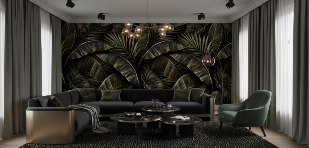 Papier Peint Tropical Luxe Feuillages Dorés Sur Fond Noir - Salon / Séjour