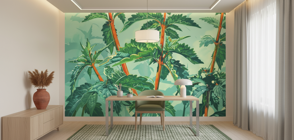 Papier peint tropical luxuriant avec palmiers et feuillage exotique vert - Bureau