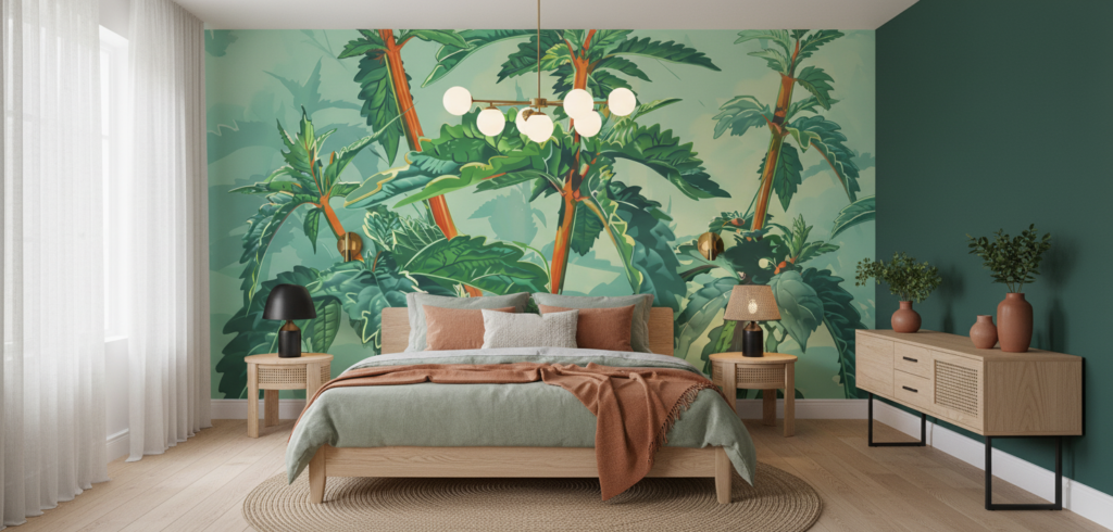 Papier peint tropical luxuriant avec palmiers et feuillage exotique vert - Chambre adulte