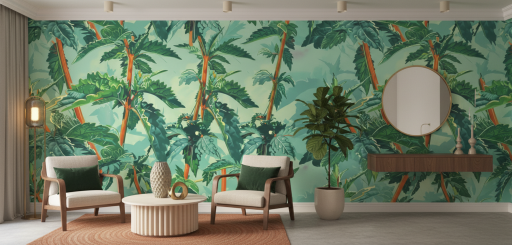 Papier peint tropical luxuriant avec palmiers et feuillage exotique vert - Hôtel
