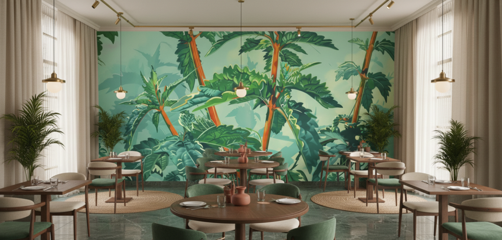 Papier peint tropical luxuriant avec palmiers et feuillage exotique vert - Restaurant
