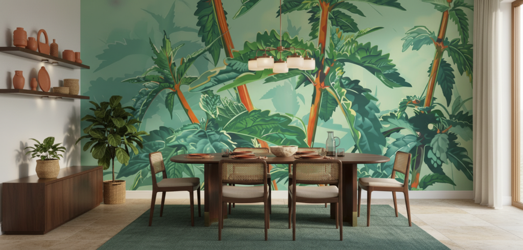 Papier peint tropical luxuriant avec palmiers et feuillage exotique vert - Salle à manger