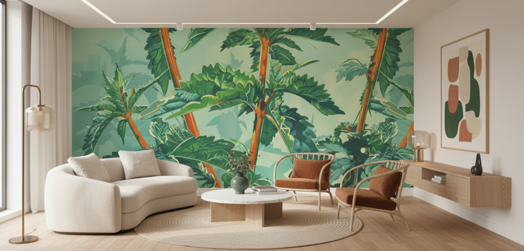 Papier peint tropical luxuriant avec palmiers et feuillage exotique vert - Salon / Séjour