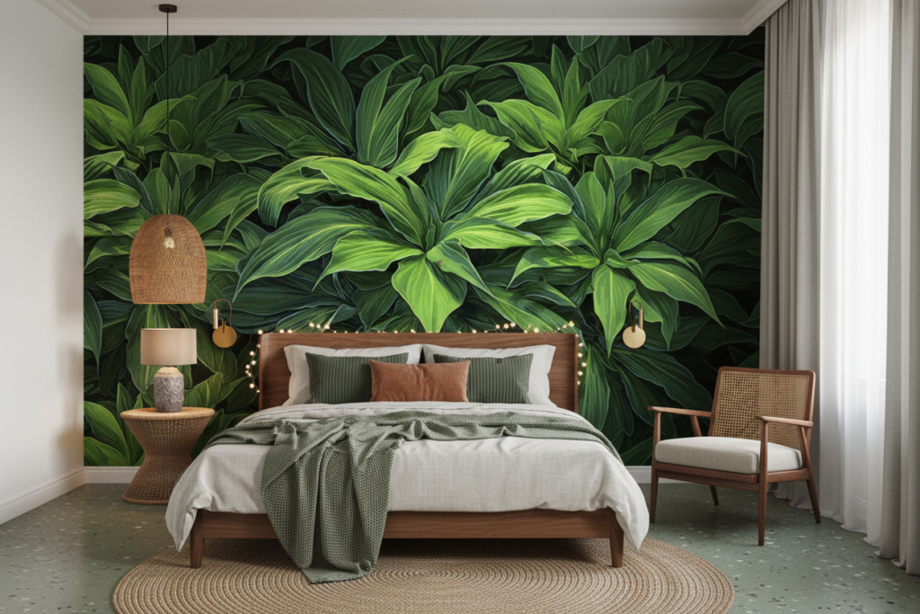 Papier peint tropical luxuriant feuillage vert jungle exotique - Chambre adulte