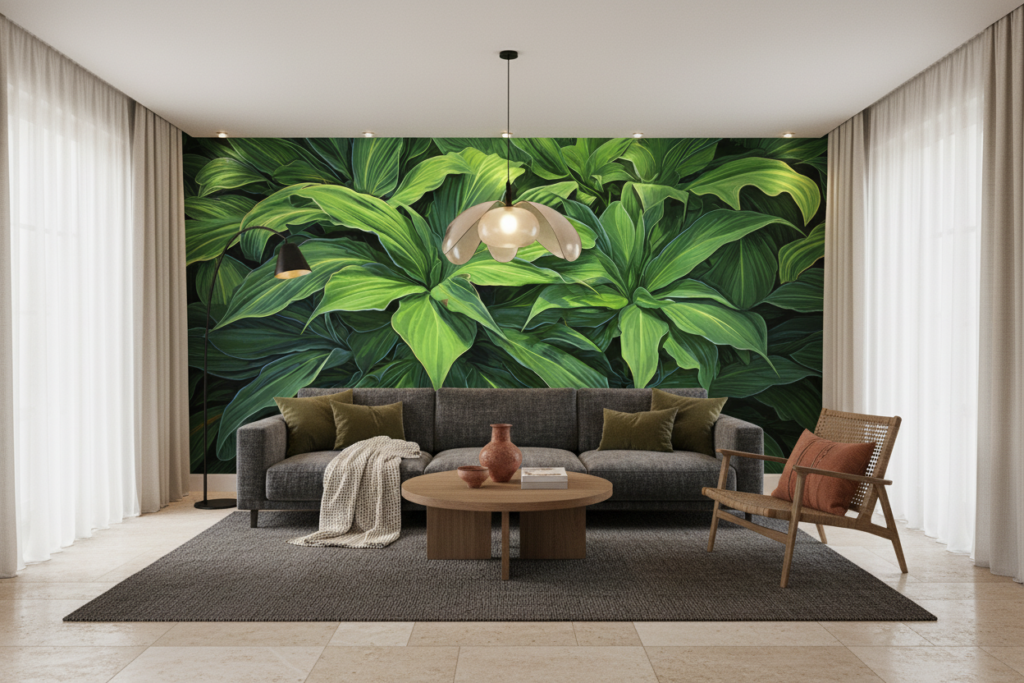 Papier peint tropical luxuriant feuillage vert jungle exotique - Salon / Séjour