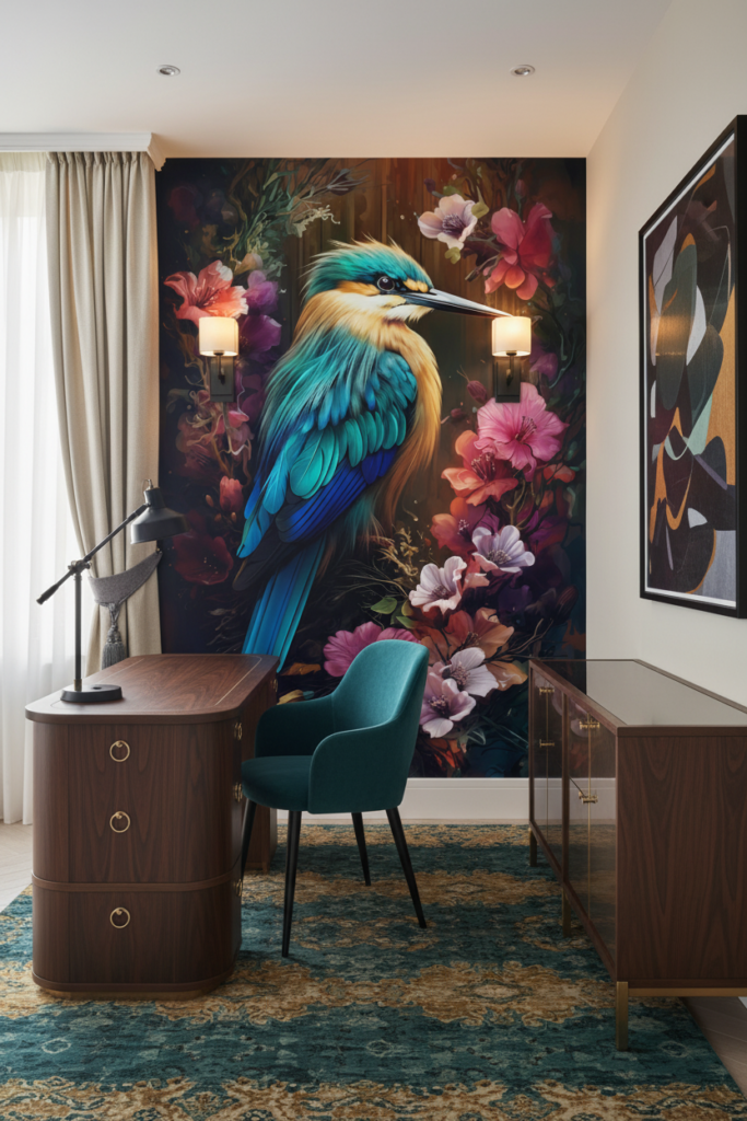 Papier Peint Tropical Martin-Pêcheur et Fleurs Exotiques Multicolores - Bureau