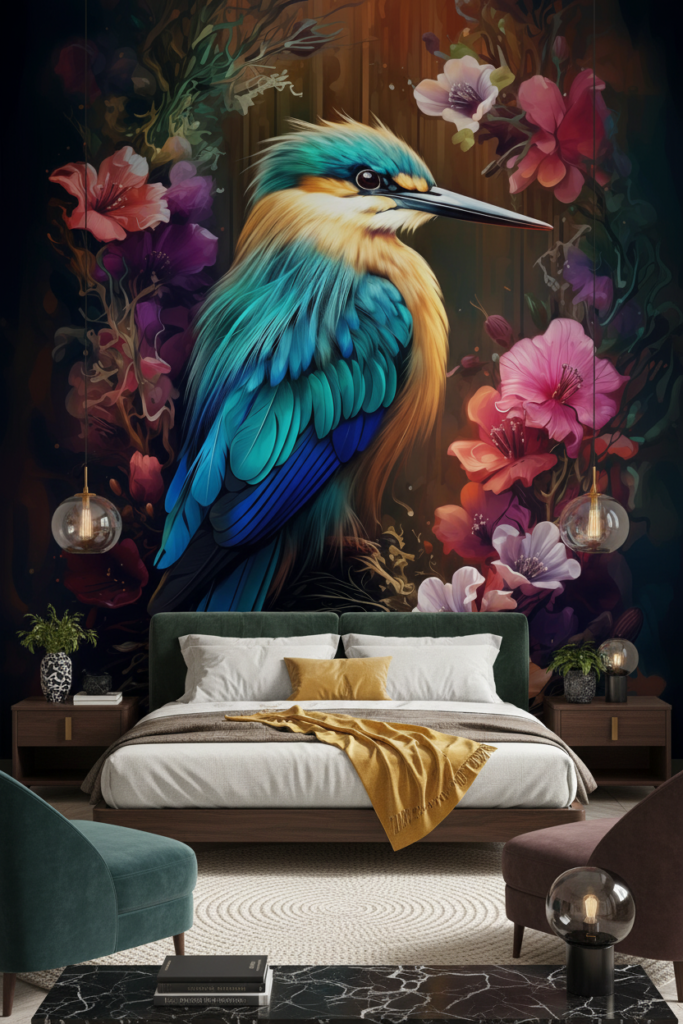 Papier Peint Tropical Martin-Pêcheur et Fleurs Exotiques Multicolores - Chambre adulte