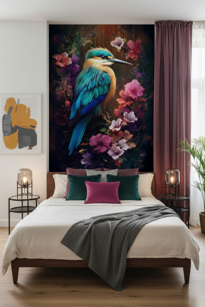 Papier Peint Tropical Martin-Pêcheur et Fleurs Exotiques Multicolores - Chambre adulte