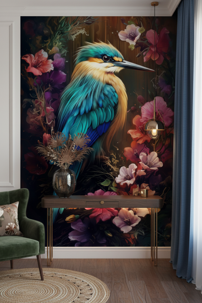 Papier Peint Tropical Martin-Pêcheur et Fleurs Exotiques Multicolores - Entrée