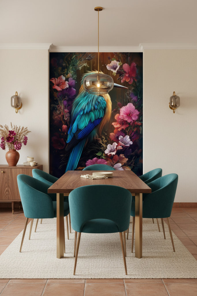 Papier Peint Tropical Martin-Pêcheur et Fleurs Exotiques Multicolores - Salle à manger