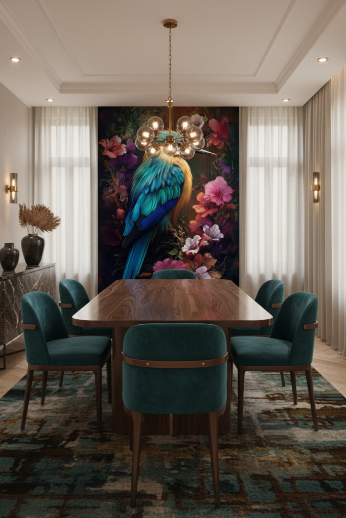 Papier Peint Tropical Martin-Pêcheur et Fleurs Exotiques Multicolores - Salle à manger