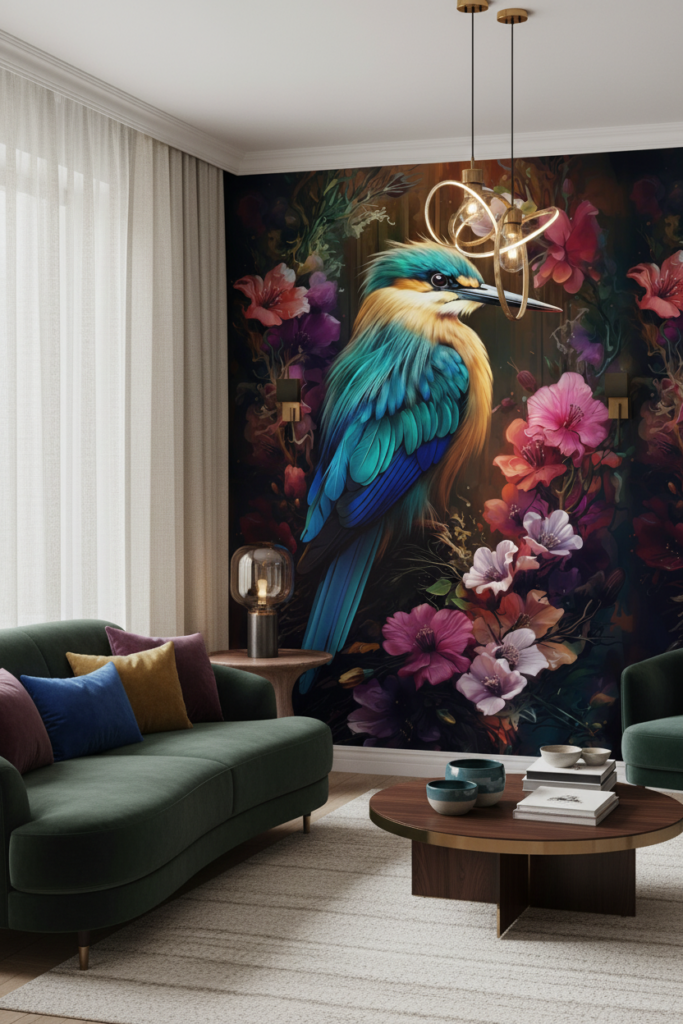 Papier Peint Tropical Martin-Pêcheur et Fleurs Exotiques Multicolores - Salon / Séjour