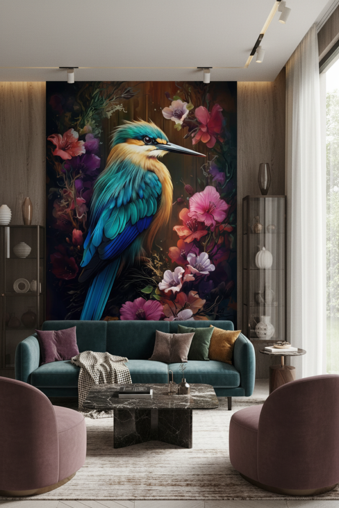 Papier Peint Tropical Martin-Pêcheur et Fleurs Exotiques Multicolores - Salon / Séjour