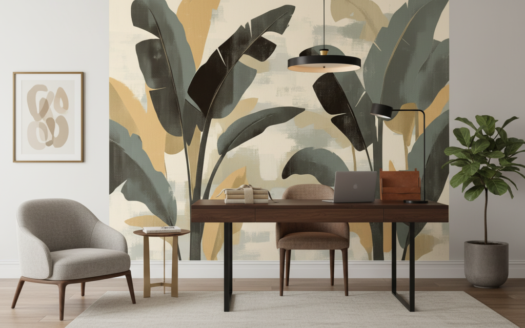 Papier peint tropical moderne aux feuilles stylisées grises et ocre - Bureau