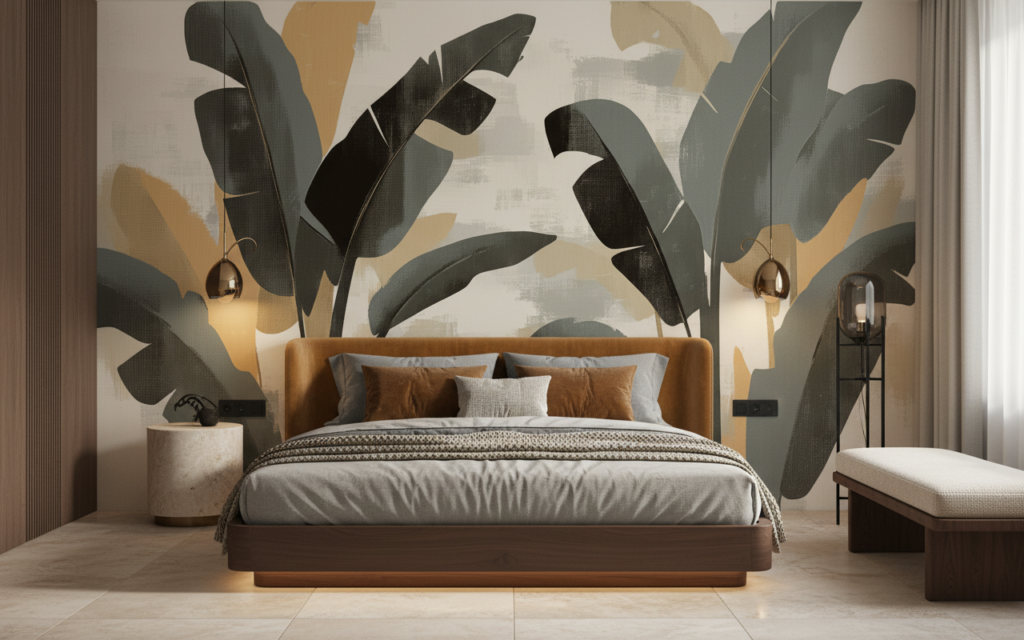 Papier peint tropical moderne aux feuilles stylisées grises et ocre - Chambre adulte