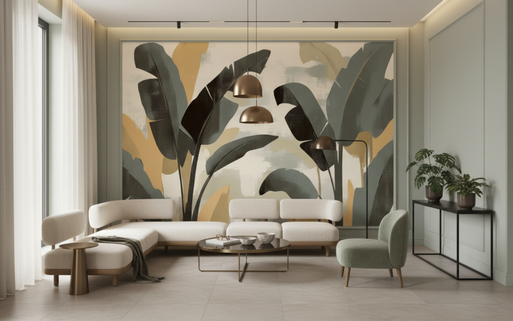 Papier peint tropical moderne aux feuilles stylisées grises et ocre - Hôtel